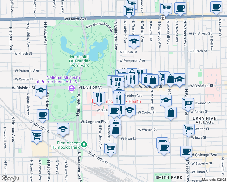 map of restaurants, bars, coffee shops, grocery stores, and more near 2801 West Division Street in Chicago