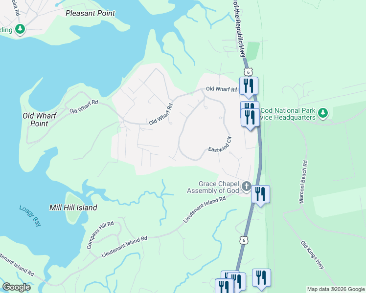 map of restaurants, bars, coffee shops, grocery stores, and more near 310 Eastwind Circle in Wellfleet