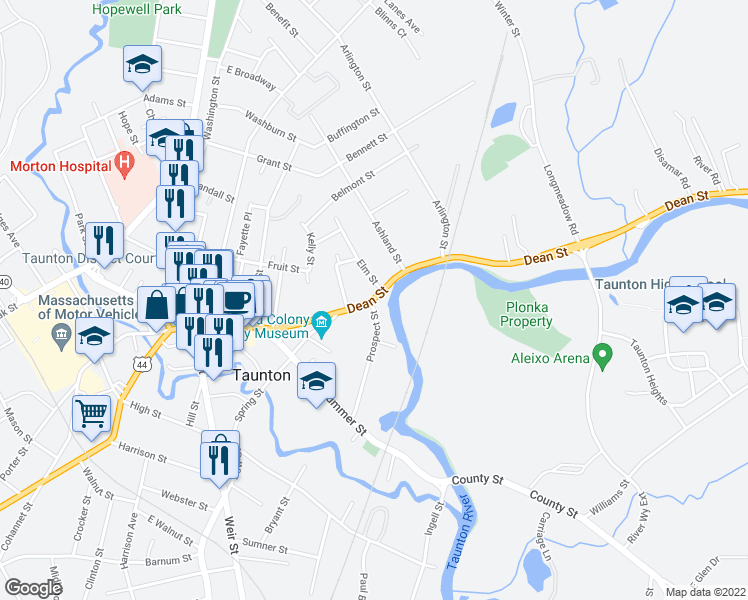 map of restaurants, bars, coffee shops, grocery stores, and more near 9 Dean Street in Taunton