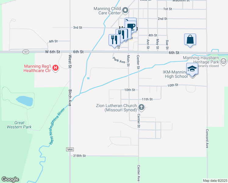 map of restaurants, bars, coffee shops, grocery stores, and more near 830 10th Street in Manning