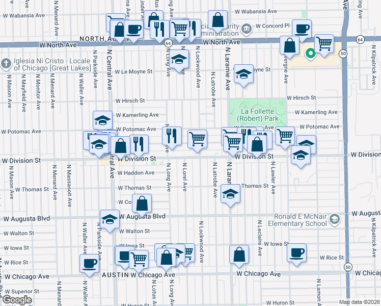 map of restaurants, bars, coffee shops, grocery stores, and more near 5314 West Division Street in Chicago