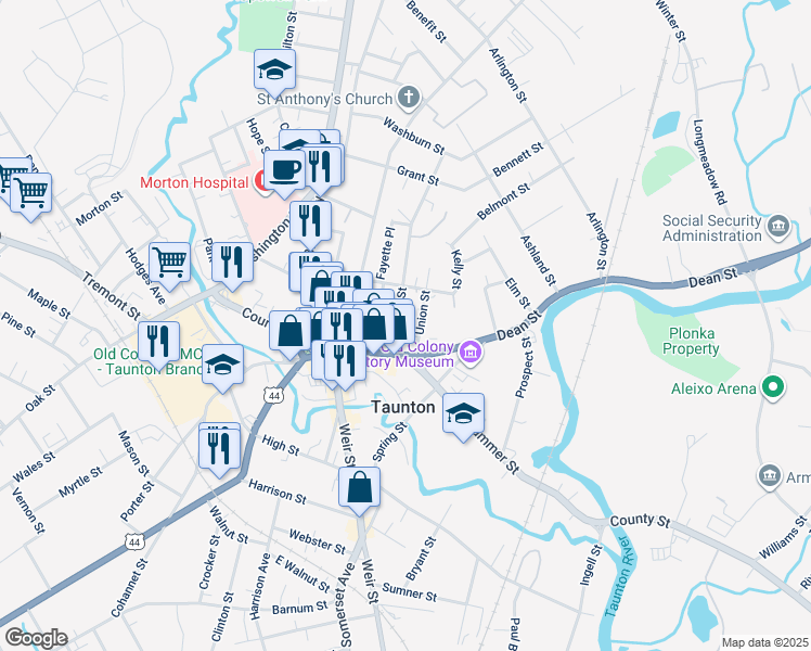 map of restaurants, bars, coffee shops, grocery stores, and more near 18 Union Street in Taunton
