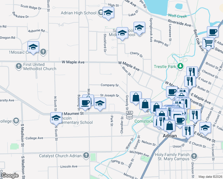 map of restaurants, bars, coffee shops, grocery stores, and more near 609 Company Street in Adrian