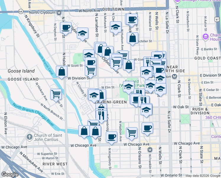 map of restaurants, bars, coffee shops, grocery stores, and more near in Chicago