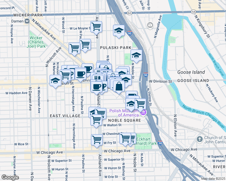 map of restaurants, bars, coffee shops, grocery stores, and more near 1515 West Haddon Avenue in Chicago