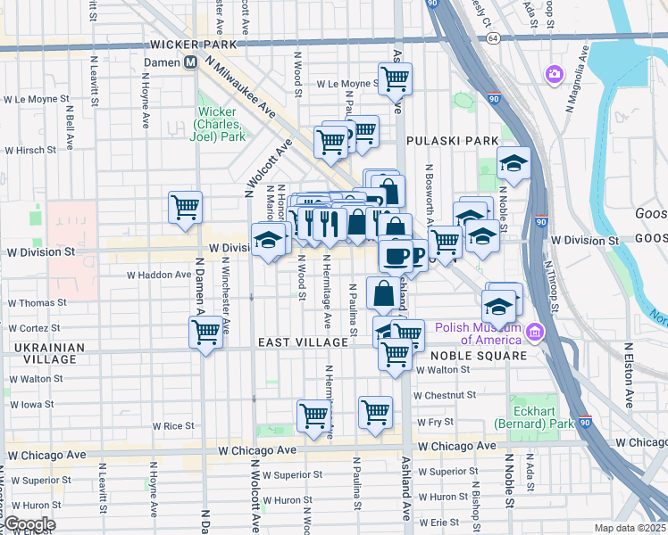 map of restaurants, bars, coffee shops, grocery stores, and more near 1712 West Haddon Avenue in Chicago