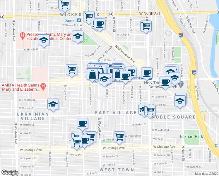 map of restaurants, bars, coffee shops, grocery stores, and more near 1824 West Haddon Avenue in Chicago