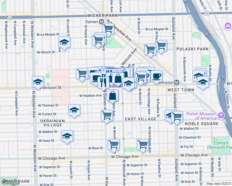 map of restaurants, bars, coffee shops, grocery stores, and more near 1138 North Wolcott Avenue in Chicago