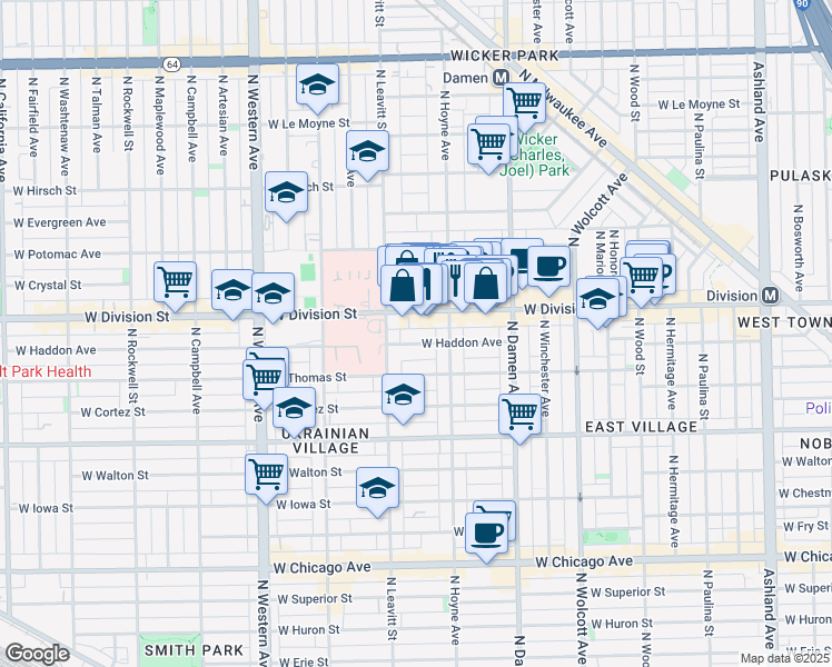map of restaurants, bars, coffee shops, grocery stores, and more near 2134 West Haddon Avenue in Chicago