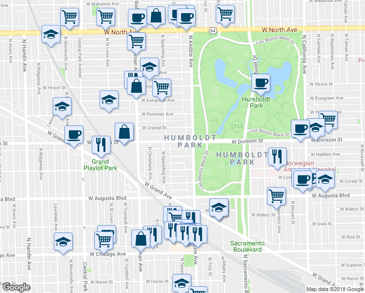 map of restaurants, bars, coffee shops, grocery stores, and more near 3299 West Division Street in Chicago