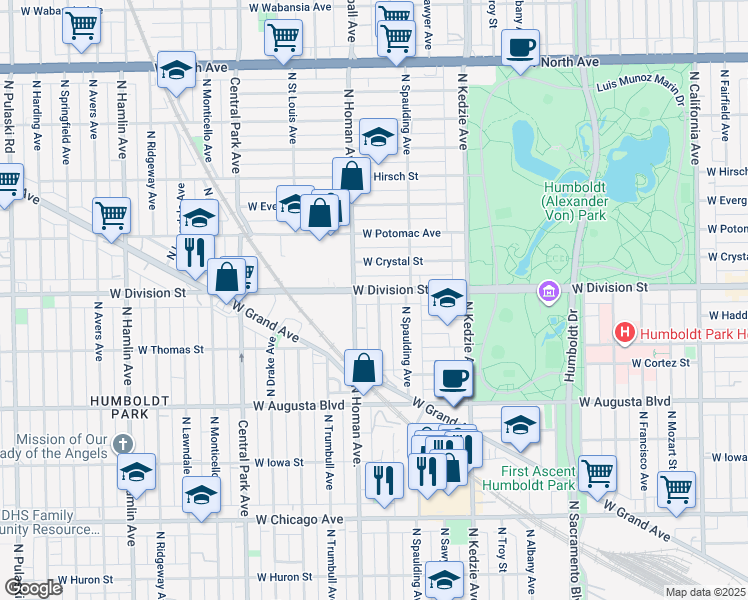 map of restaurants, bars, coffee shops, grocery stores, and more near 3333 West Division Street in Chicago