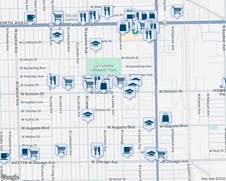 map of restaurants, bars, coffee shops, grocery stores, and more near in Chicago