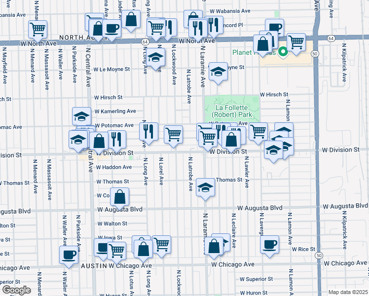 map of restaurants, bars, coffee shops, grocery stores, and more near 5240 West Division Street in Chicago