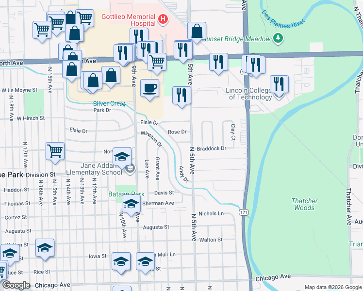 map of restaurants, bars, coffee shops, grocery stores, and more near 520 Doris Drive in Melrose Park