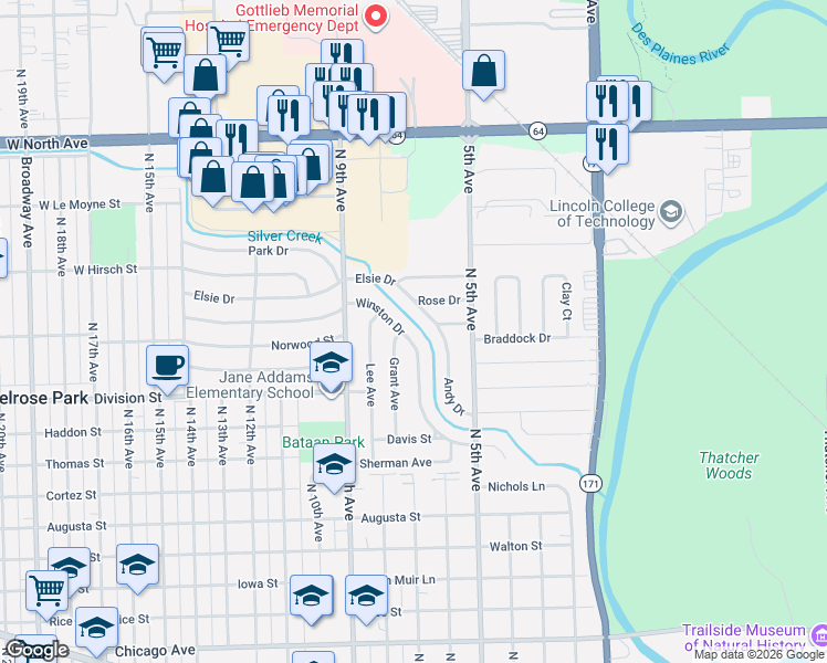 map of restaurants, bars, coffee shops, grocery stores, and more near 580 Andy Drive in Melrose Park