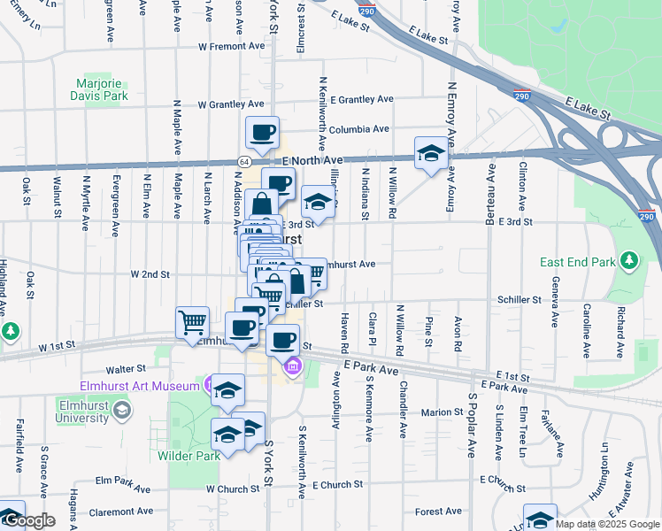 map of restaurants, bars, coffee shops, grocery stores, and more near 149 Elmhurst Avenue in Elmhurst