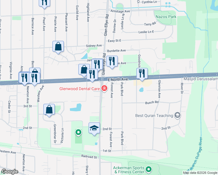 map of restaurants, bars, coffee shops, grocery stores, and more near 1N742 Forest Avenue in Glen Ellyn