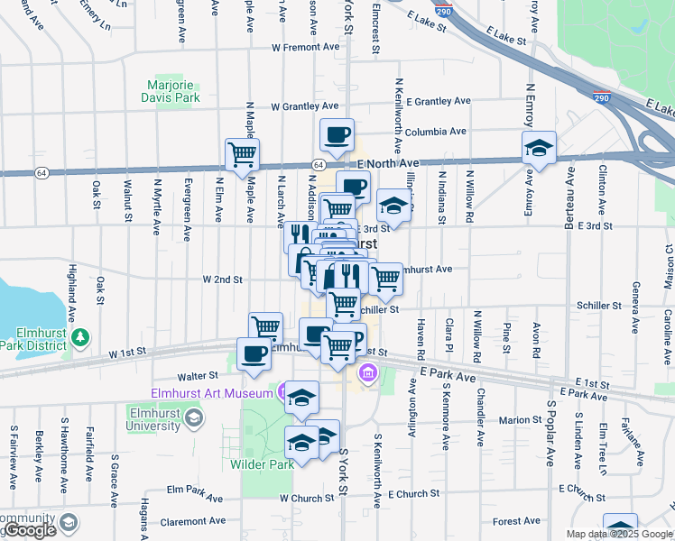 map of restaurants, bars, coffee shops, grocery stores, and more near 174 North York Street in Elmhurst