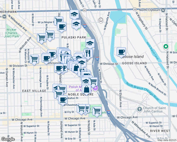 map of restaurants, bars, coffee shops, grocery stores, and more near 1125b North Noble Street in Chicago