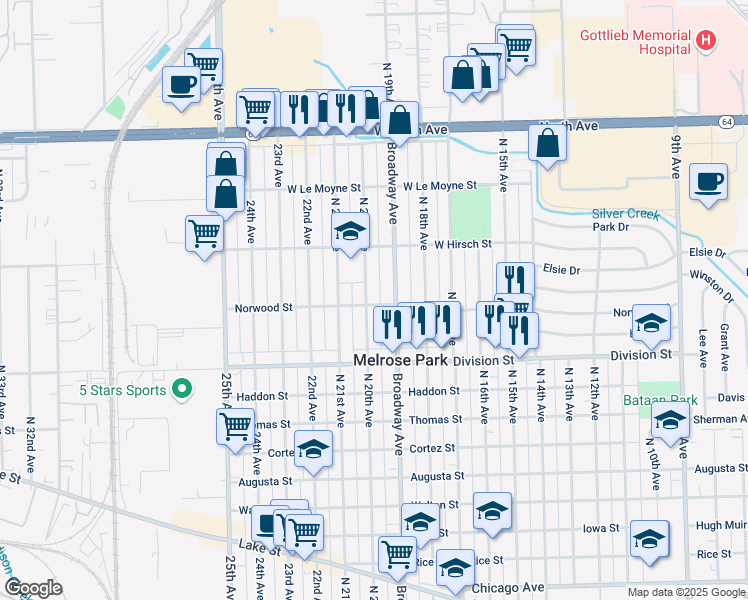 map of restaurants, bars, coffee shops, grocery stores, and more near 1601 North 20th Avenue in Melrose Park