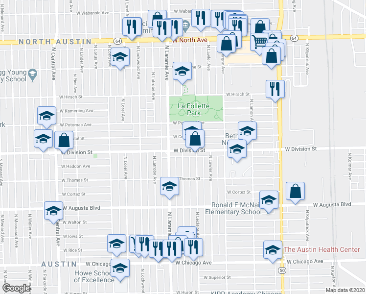 map of restaurants, bars, coffee shops, grocery stores, and more near 5128 West Division Street in Chicago