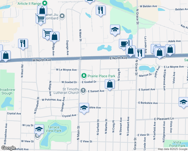 map of restaurants, bars, coffee shops, grocery stores, and more near 653 North Charlotte Street in Lombard