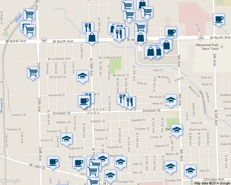 map of restaurants, bars, coffee shops, grocery stores, and more near 1606 North 16th Avenue in Melrose Park