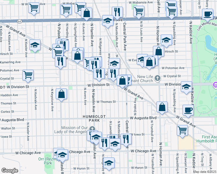 map of restaurants, bars, coffee shops, grocery stores, and more near in Chicago