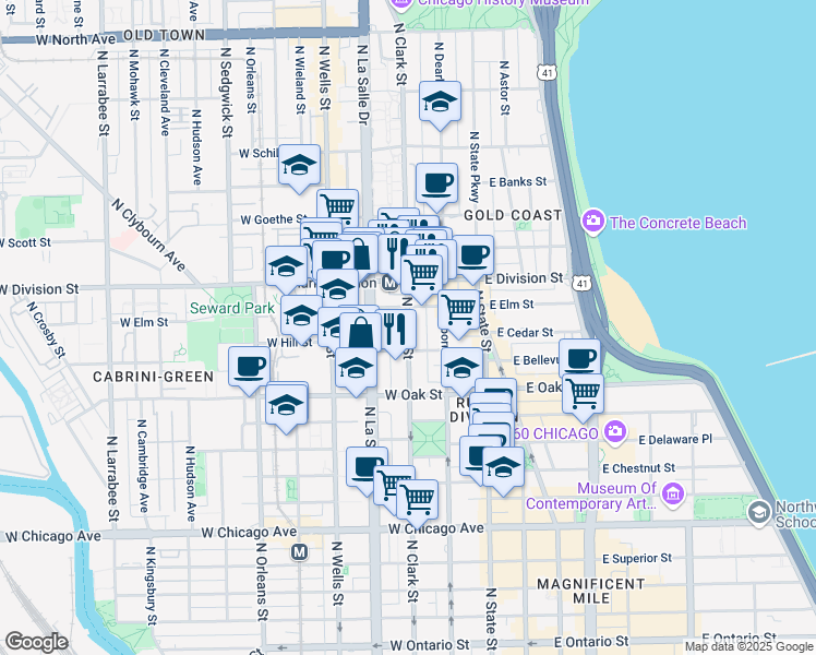 map of restaurants, bars, coffee shops, grocery stores, and more near 1118 North Clark Street in Chicago
