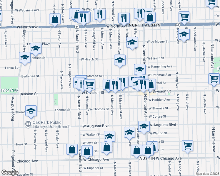 map of restaurants, bars, coffee shops, grocery stores, and more near 1212 North Menard Avenue in Chicago