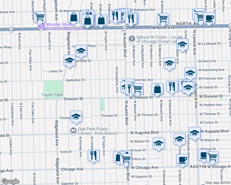 map of restaurants, bars, coffee shops, grocery stores, and more near 915 North Humphrey Avenue in Oak Park