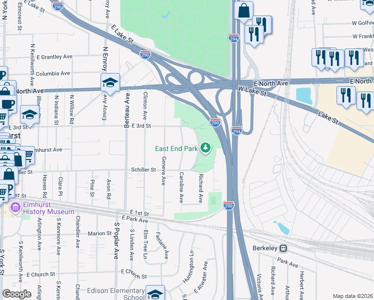 map of restaurants, bars, coffee shops, grocery stores, and more near 225 Maison Court in Elmhurst