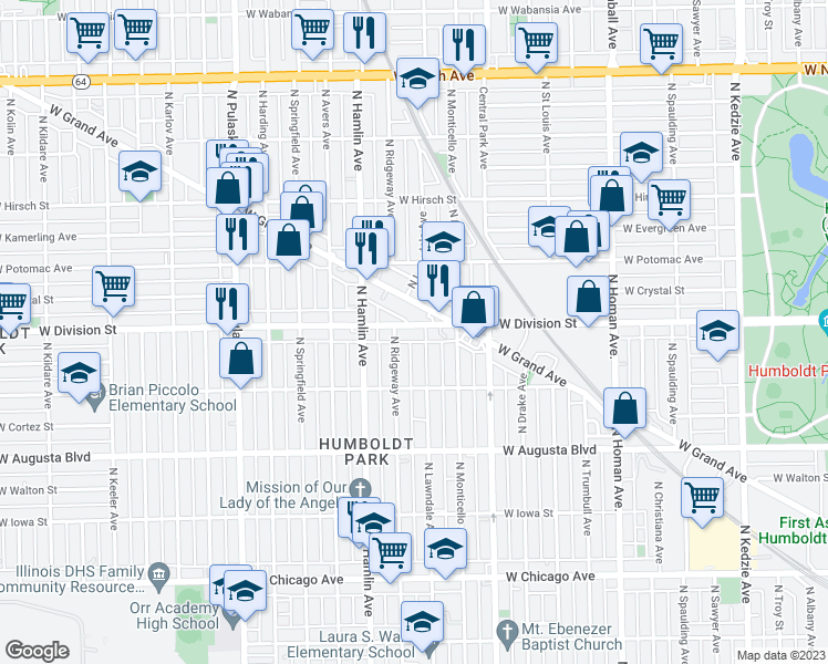 map of restaurants, bars, coffee shops, grocery stores, and more near 3709 West Division Street in Chicago