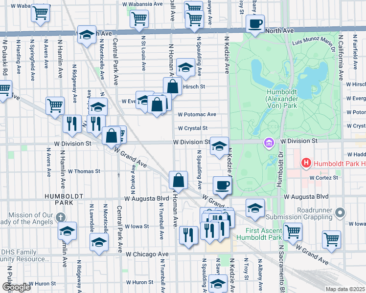 map of restaurants, bars, coffee shops, grocery stores, and more near 3333 West Division Street in Chicago