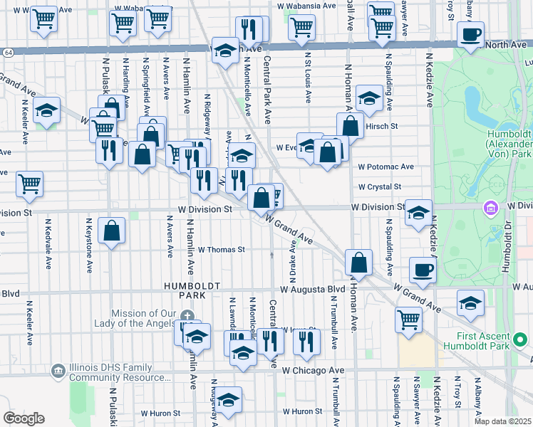 map of restaurants, bars, coffee shops, grocery stores, and more near 3604 West Grand Avenue in Chicago