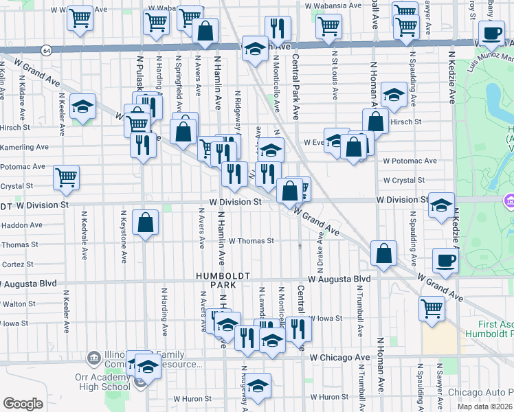 map of restaurants, bars, coffee shops, grocery stores, and more near 1152 North Lawndale Avenue in Chicago
