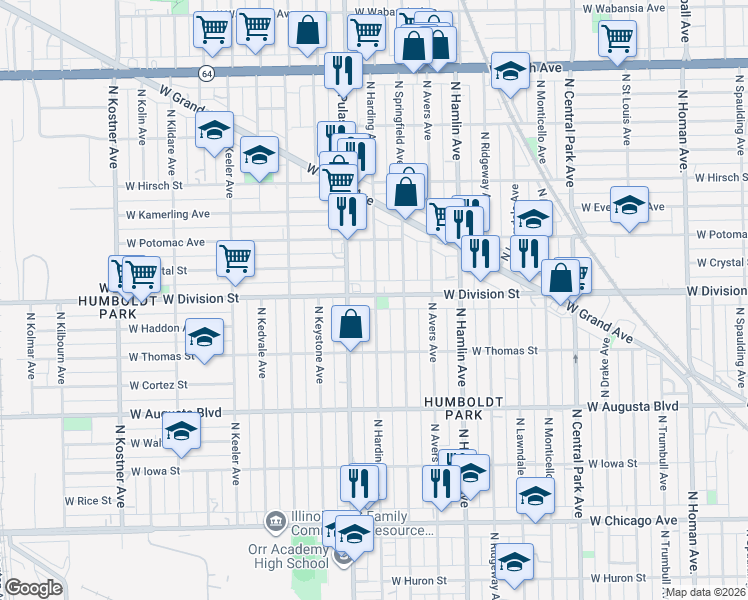 map of restaurants, bars, coffee shops, grocery stores, and more near 3937 West Division Street in Chicago