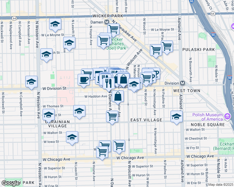 map of restaurants, bars, coffee shops, grocery stores, and more near 1138 North Winchester Avenue in Chicago