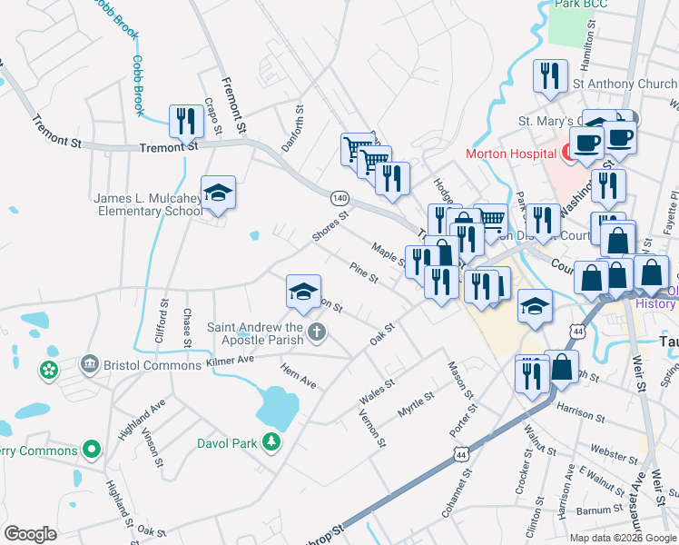 map of restaurants, bars, coffee shops, grocery stores, and more near 40R Pine Street in Taunton