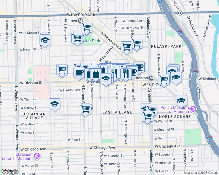 map of restaurants, bars, coffee shops, grocery stores, and more near 1824 West Haddon Avenue in Chicago