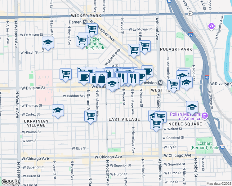 map of restaurants, bars, coffee shops, grocery stores, and more near 1824 West Haddon Avenue in Chicago