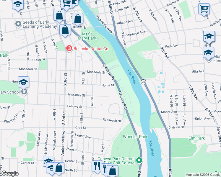 map of restaurants, bars, coffee shops, grocery stores, and more near 15 Horne Street in St. Charles