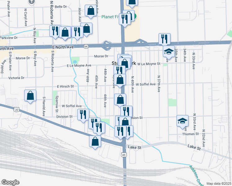 map of restaurants, bars, coffee shops, grocery stores, and more near 1647 43rd Avenue in Stone Park