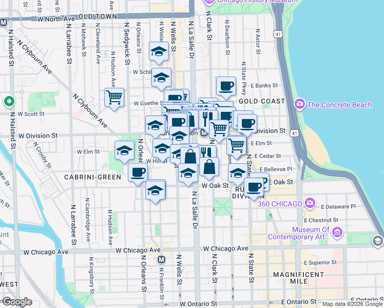 map of restaurants, bars, coffee shops, grocery stores, and more near in Chicago