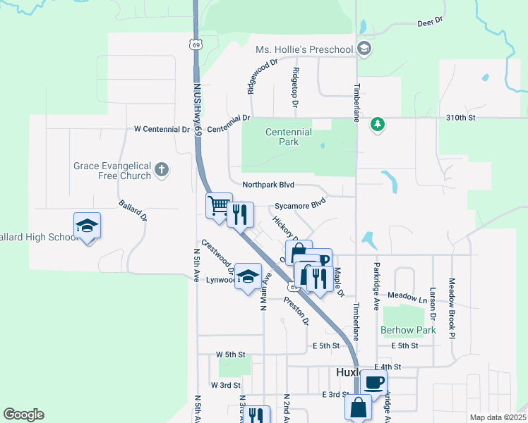 map of restaurants, bars, coffee shops, grocery stores, and more near 821 Hickory Drive in Huxley