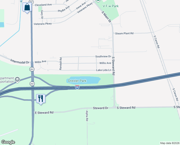 map of restaurants, bars, coffee shops, grocery stores, and more near 216 Lake Lida Lane in Rochelle