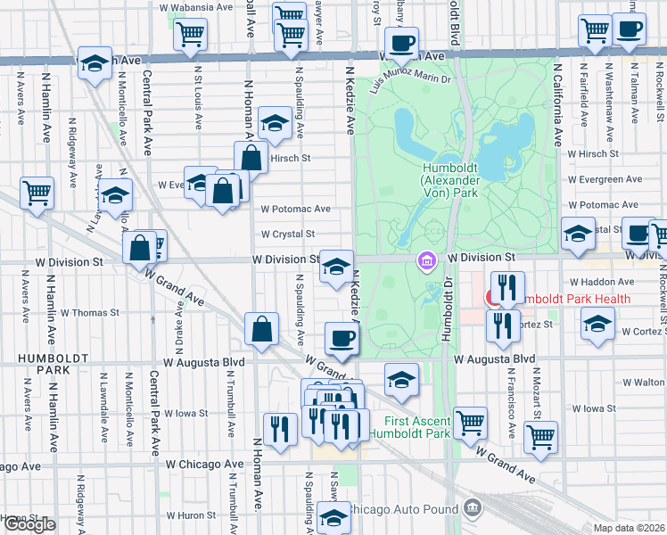map of restaurants, bars, coffee shops, grocery stores, and more near 3225 West Division Street in Chicago