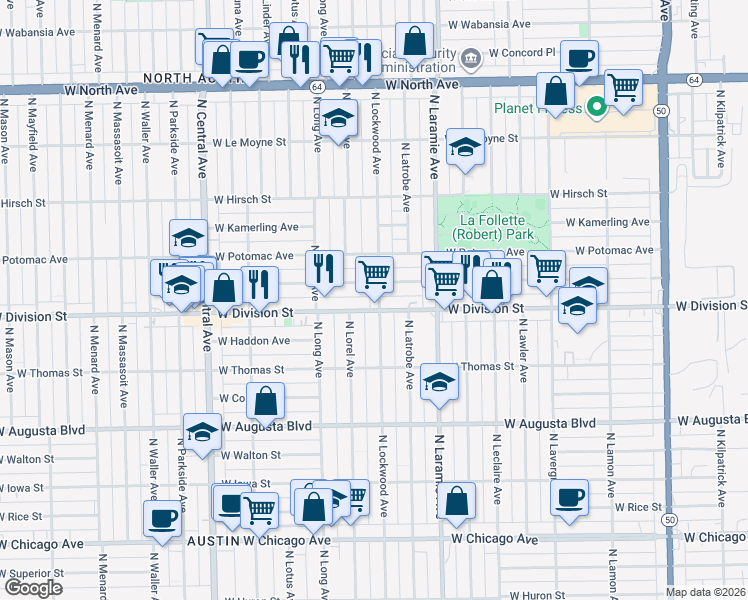 map of restaurants, bars, coffee shops, grocery stores, and more near 1208 North Lockwood Avenue in Chicago