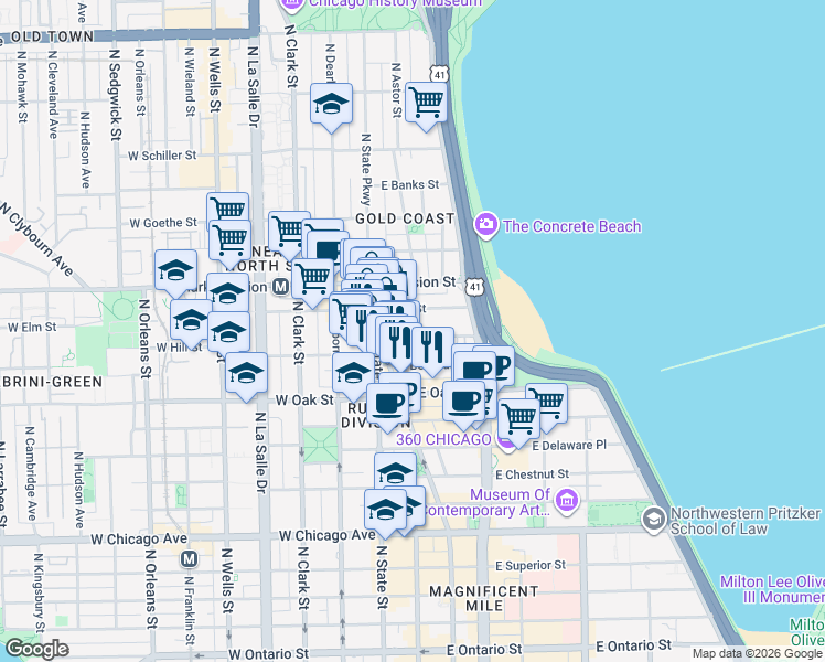 map of restaurants, bars, coffee shops, grocery stores, and more near 40 East Cedar Street in Chicago