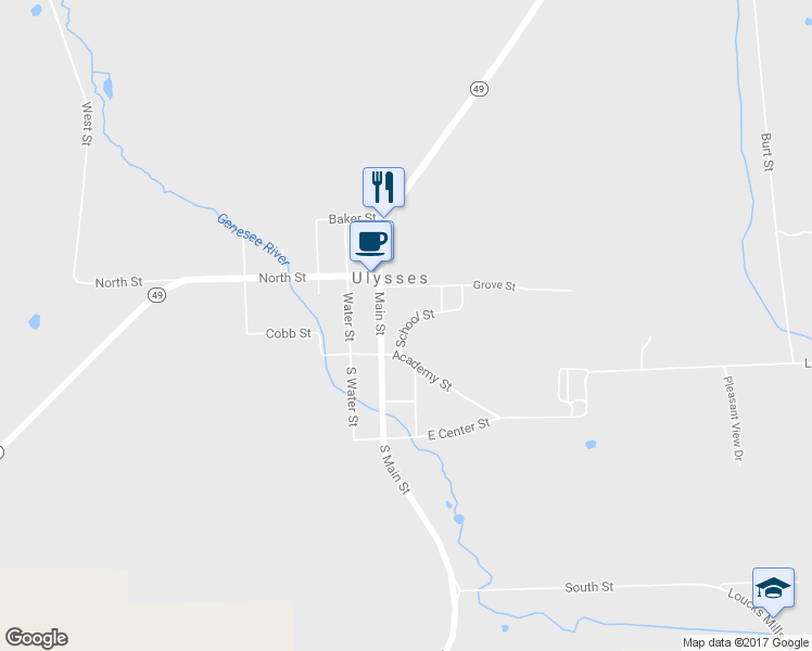 map of restaurants, bars, coffee shops, grocery stores, and more near 600 School Street in Ulysses